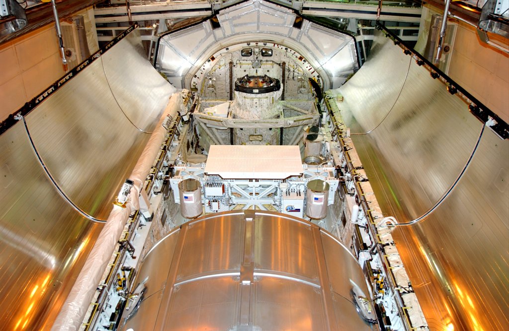 Cargo bay of the space shuttle with doors open